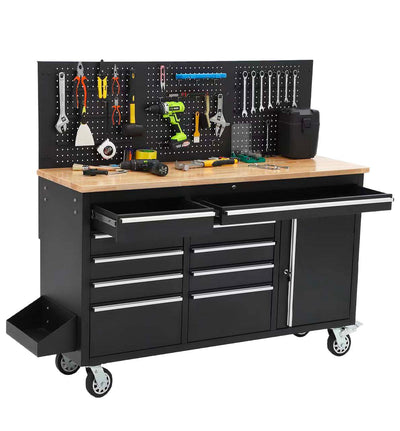 61 inch rolling tool chest with workbench, 10 drawers, side storage cabinet and pegboard