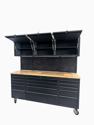 72 inch heavy duty tool cabinet with workbench, upper cabinets open, pegboard and rubberwood top