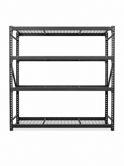 Heavy duty steel shelving unit front view with four wire mesh shelves and boltless beam frame