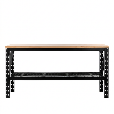 90 inch heavy duty workbench front view with rubberwood top and wire storage shelf