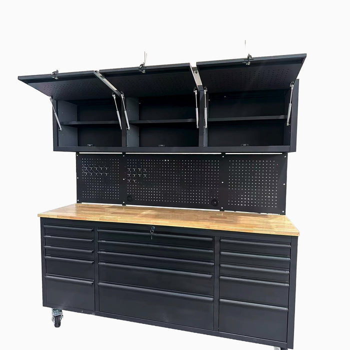 72 inch heavy duty tool cabinet with workbench, upper cabinets open, pegboard and rubberwood top