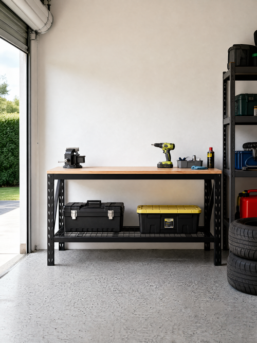60 inch workbench in a NZ garage with a bench vice, cordless drill and tool boxes on the wire shelf
