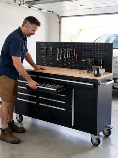 61 inch rolling tool chest with workbench and 10 drawers in a garage
