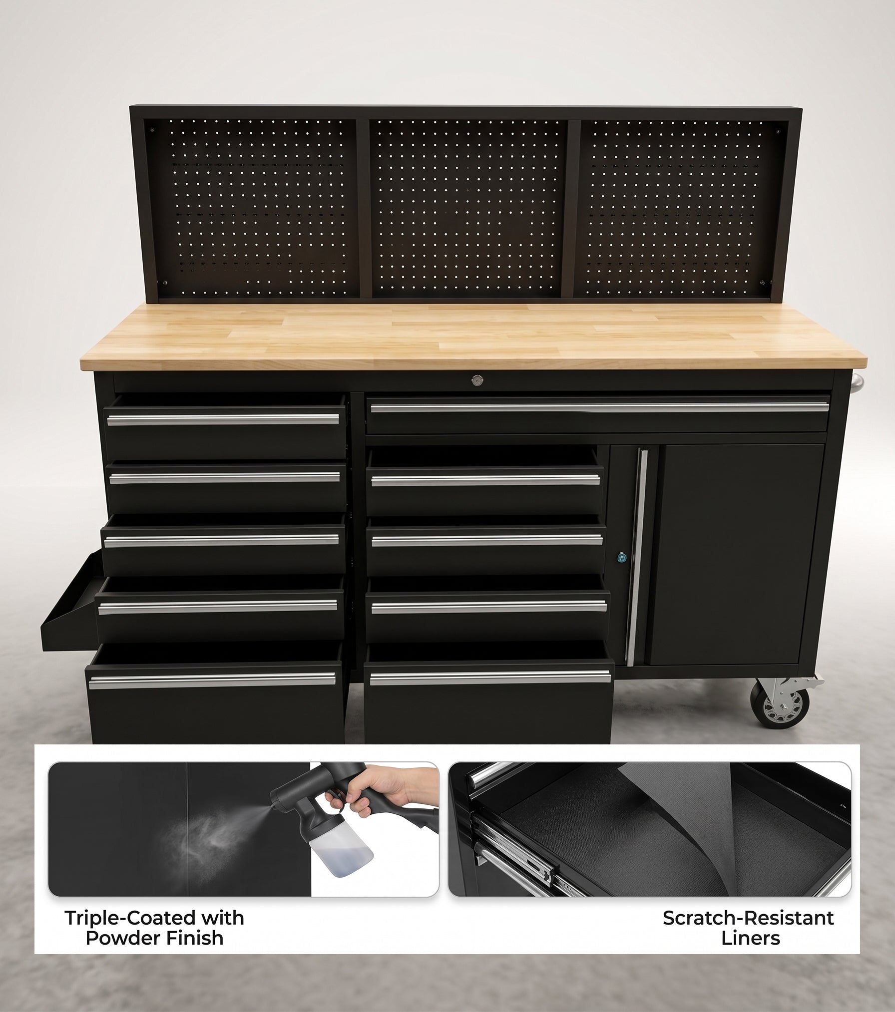 61 inch rolling tool chest with solid rubberwood worktop on heavy duty castors