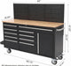 61 inch rolling tool chest dimensions diagram: 60 inch top, 59.73 inch cabinet, 18.94 inch top depth, 18.04 inch cabinet depth, 47.03 inch overall height, 29.24 inch worktop height