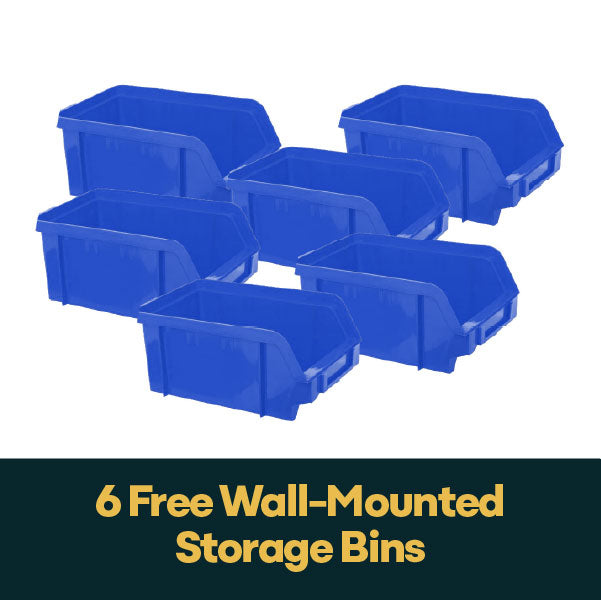 6 free wall-mounted storage bins included with 72 inch tool cabinet with workbench