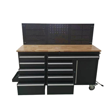 61 inch rolling tool chest workbench front view with 10 drawers, storage cabinet and pegboard