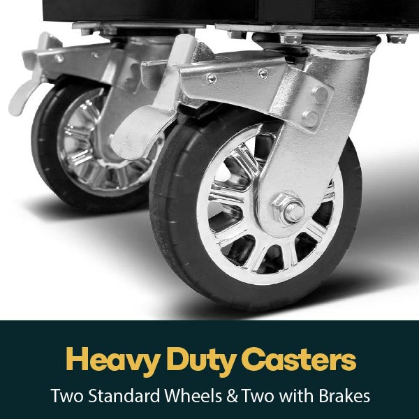 Heavy duty casters, two standard wheels and two with brakes, on 61 inch rolling tool chest
