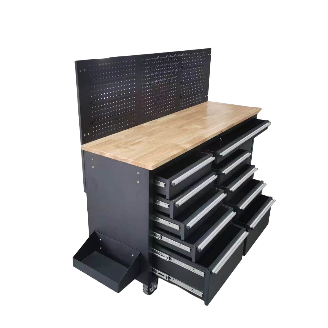 61 inch rolling tool chest side angle with ball bearing drawers open and side tray
