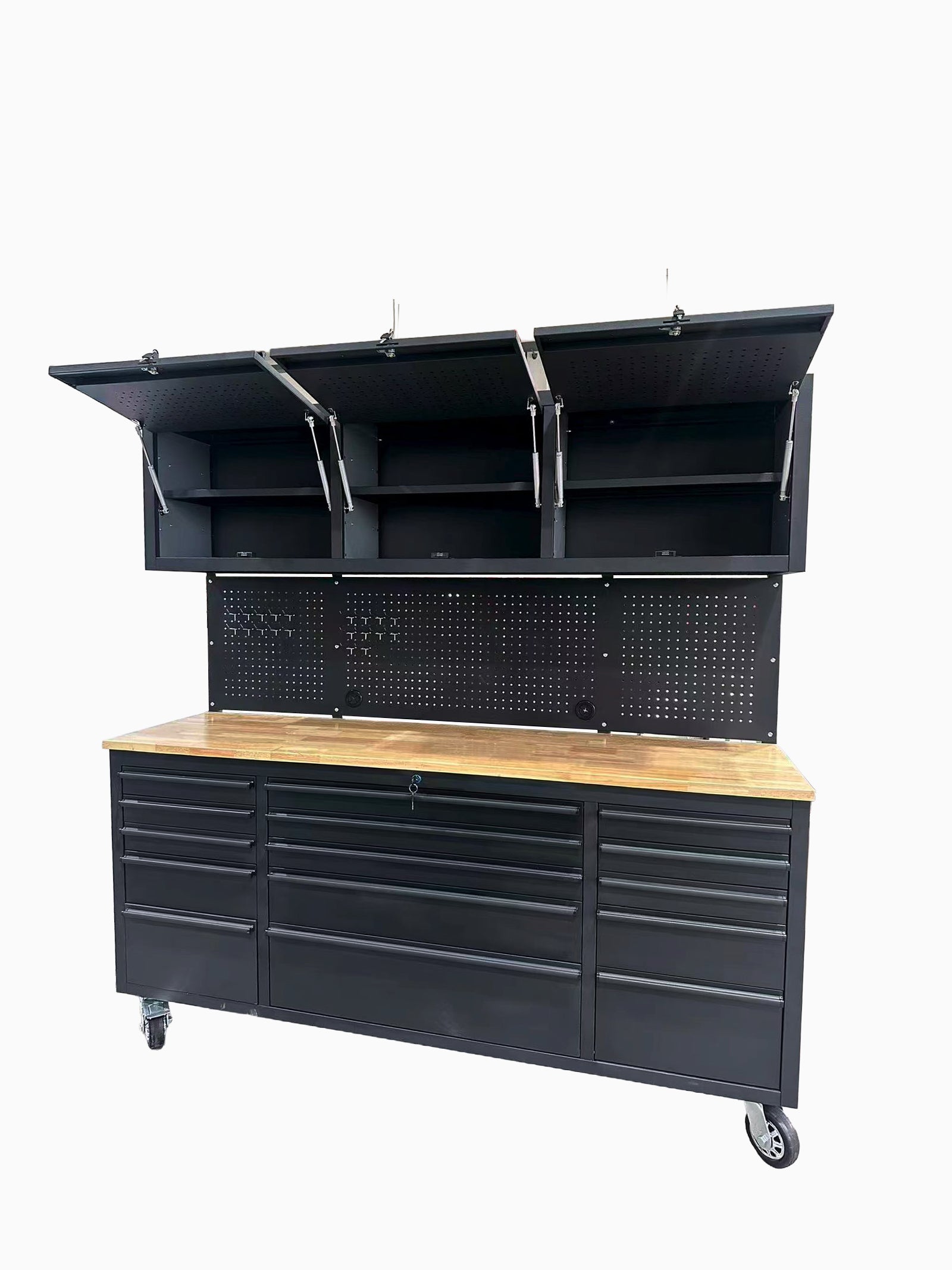 72 inch heavy duty tool cabinet with workbench, upper cabinets open, pegboard and rubberwood top