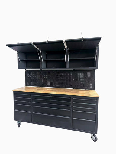 72 inch heavy duty tool cabinet with workbench, upper cabinets open, pegboard and rubberwood top