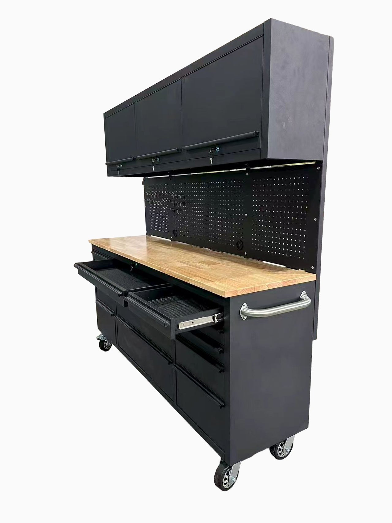 72 inch tool cabinet side view with full extension drawers and stainless push handle