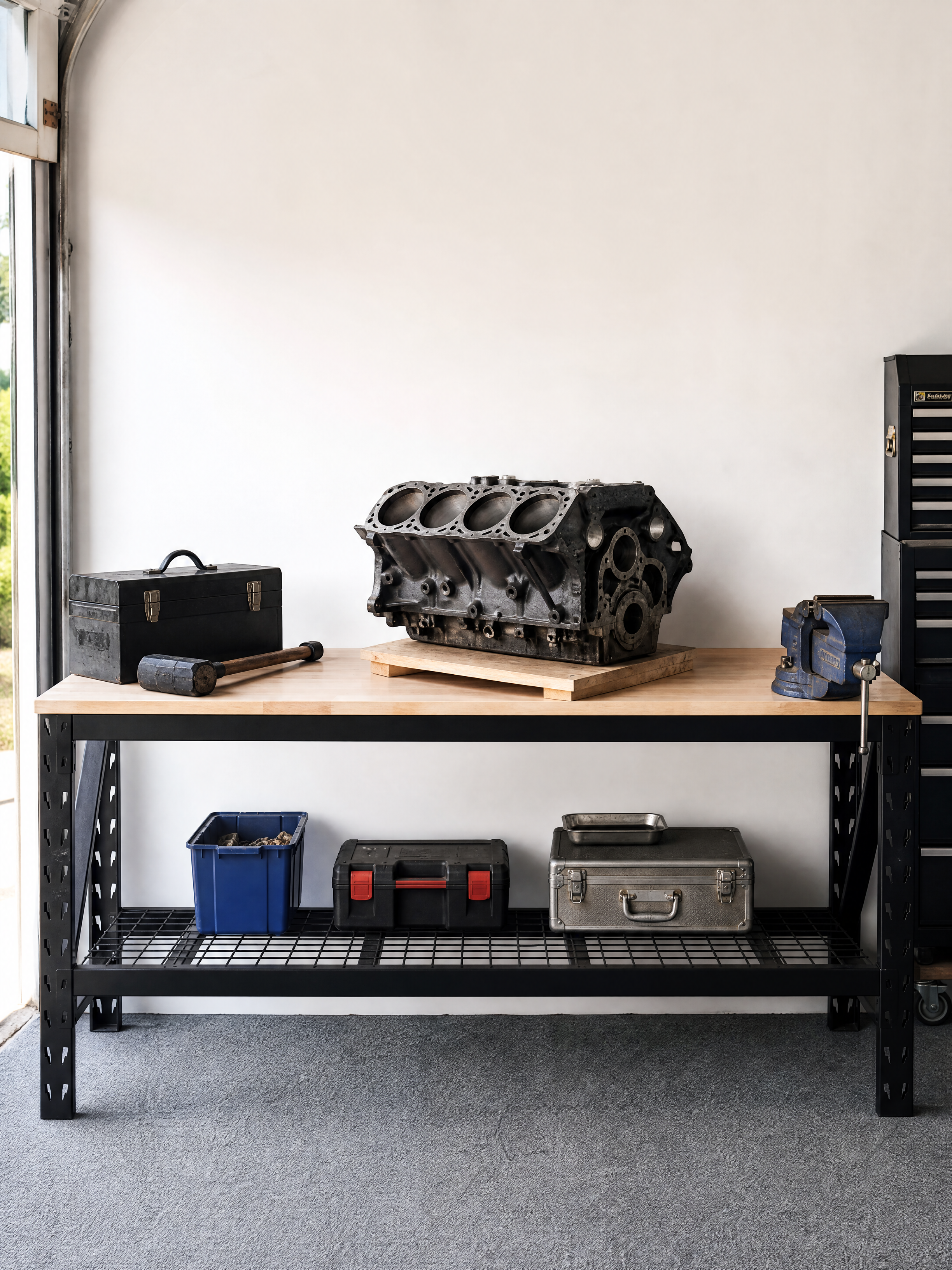 90 inch heavy duty workbench holding a V8 engine block, showing the 1000kg rated frame and rubberwood top