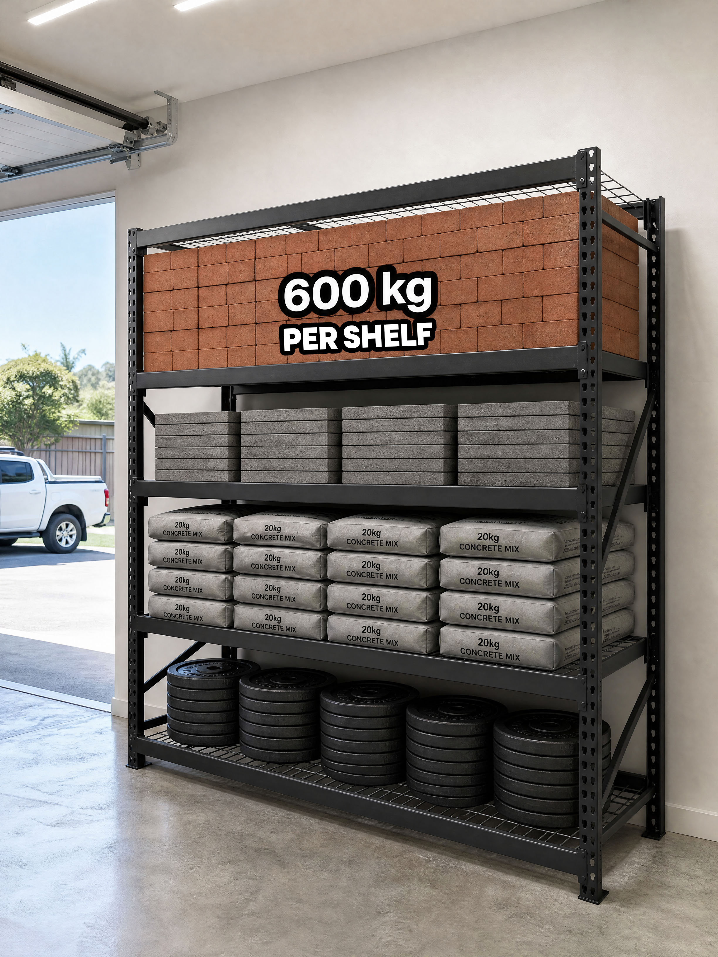 Steel shelving loaded with bricks, pavers, concrete mix bags and weight plates showing the 600kg per shelf rating