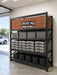 Steel shelving loaded with bricks, pavers, concrete mix bags and weight plates showing the 600kg per shelf rating