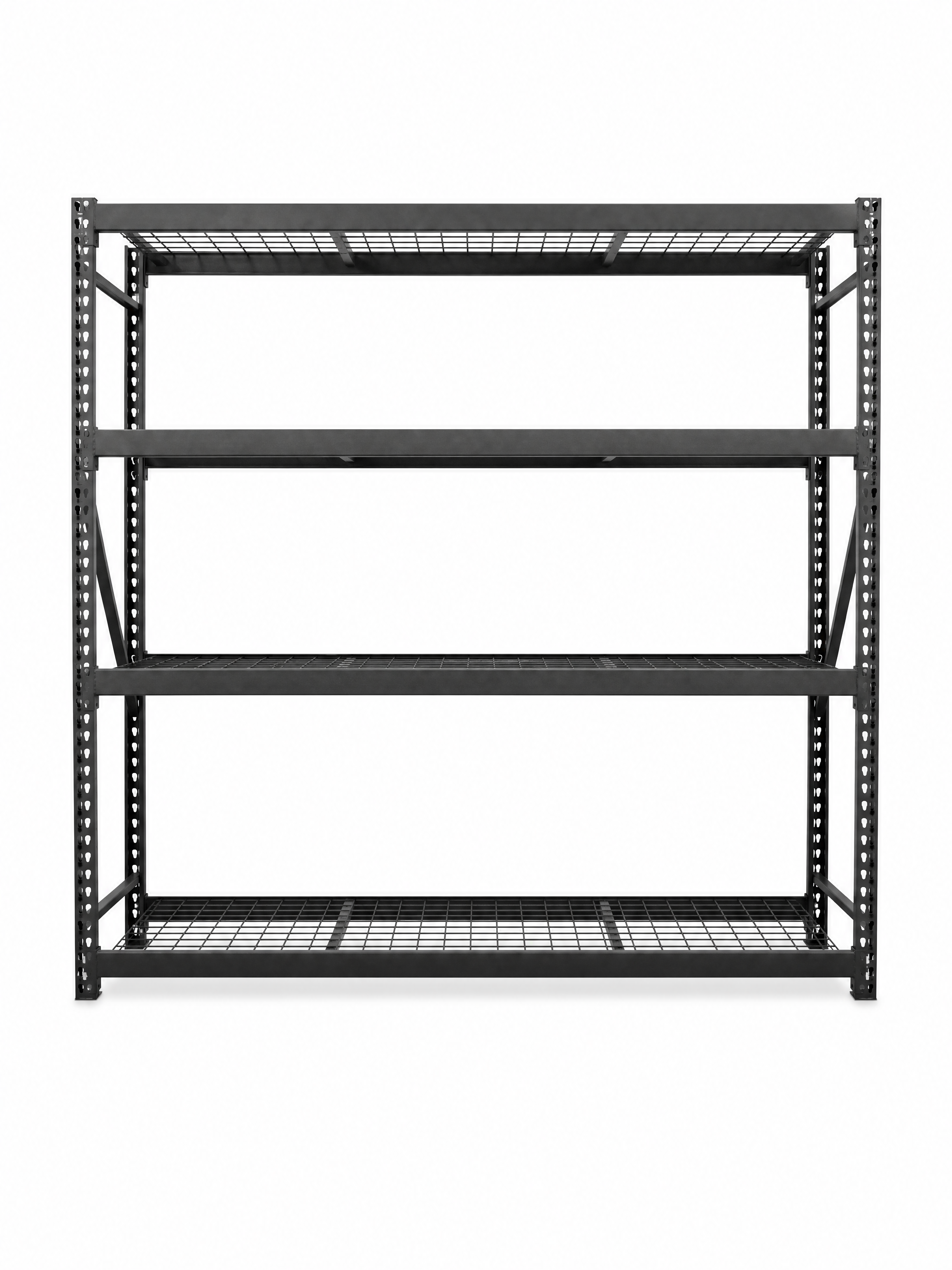 Heavy duty steel shelving unit front view with four wire mesh shelves and boltless beam frame