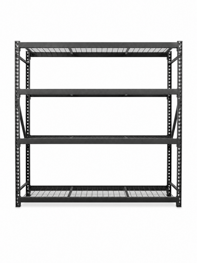 Heavy duty steel shelving unit front view with four wire mesh shelves and boltless beam frame