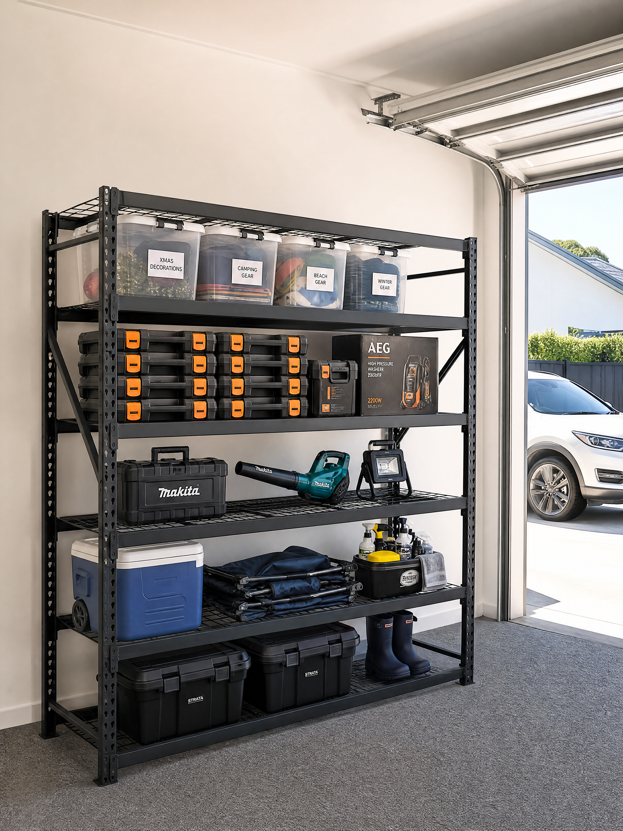 Steel shelving in a NZ garage holding labelled tubs, power tool cases and camping gear