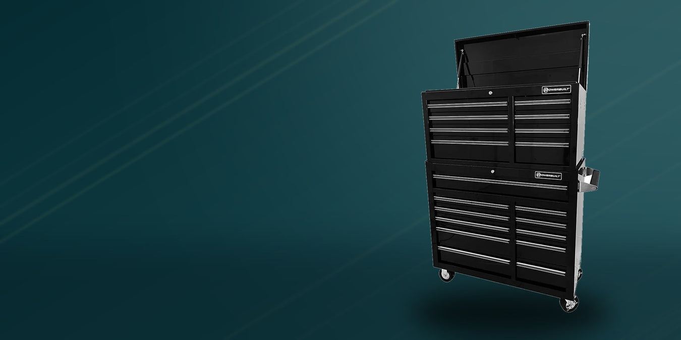 Powerbuilt tool chest and roller cabinet combo on a dark workshop backdrop