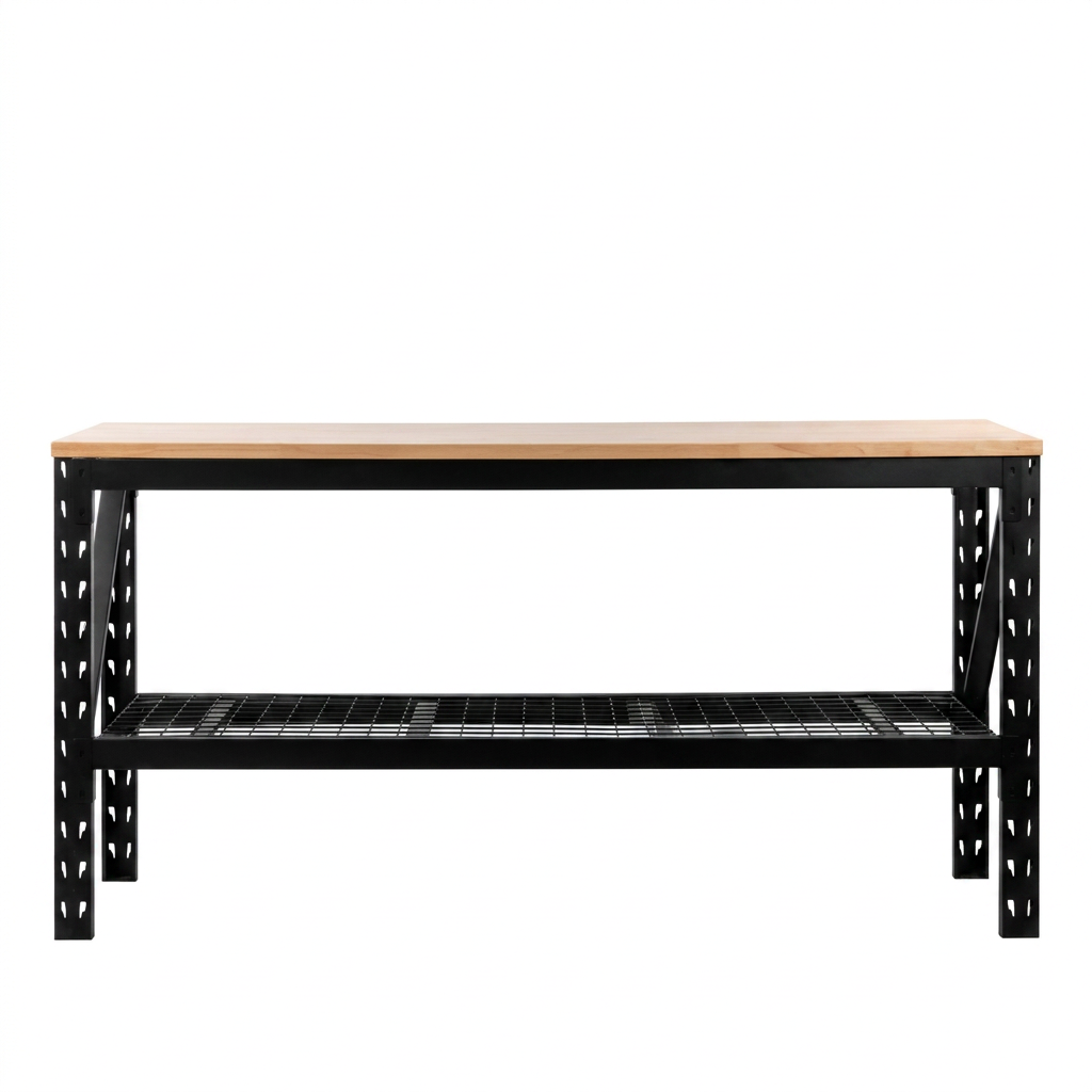 90 inch heavy duty workbench front view with rubberwood top and wire storage shelf