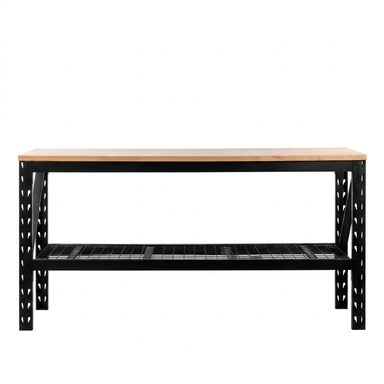 90 inch heavy duty workbench front view with rubberwood top and wire storage shelf