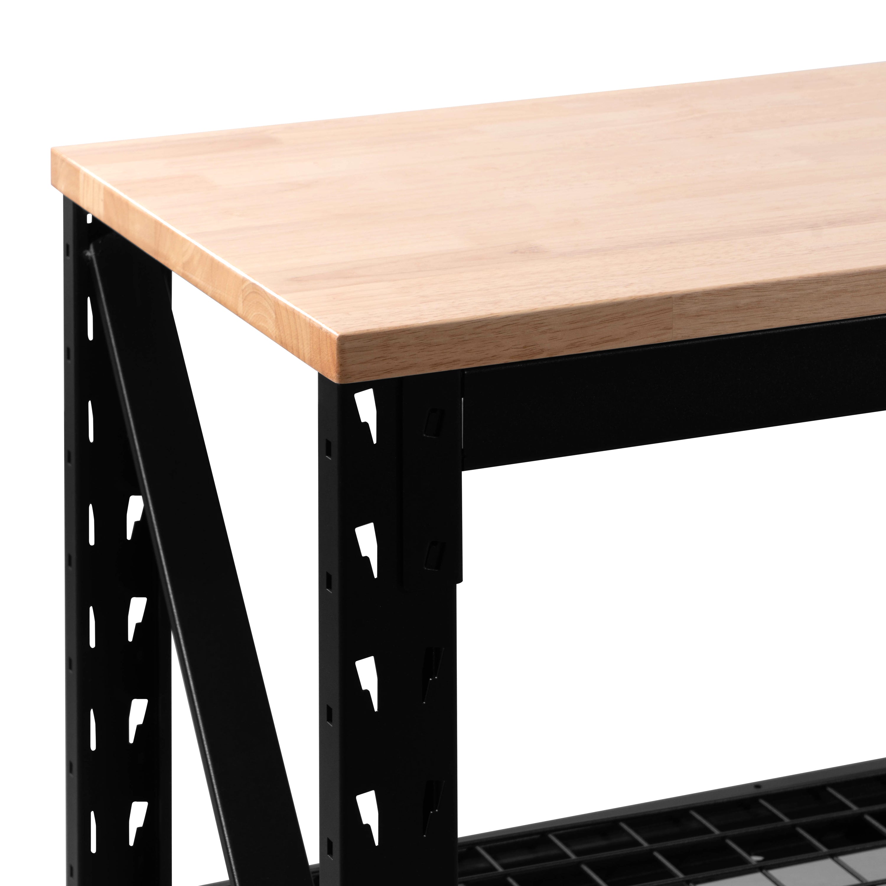 Close up of solid rubberwood worktop on 90 inch heavy duty workbench